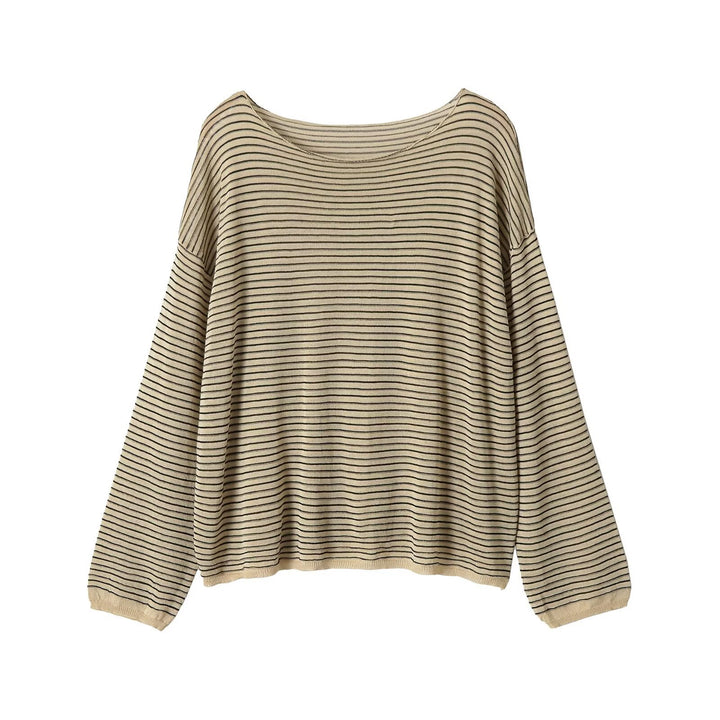 Women’s Oversized Striped Fine Knit Sweater with Wide Boat Neck