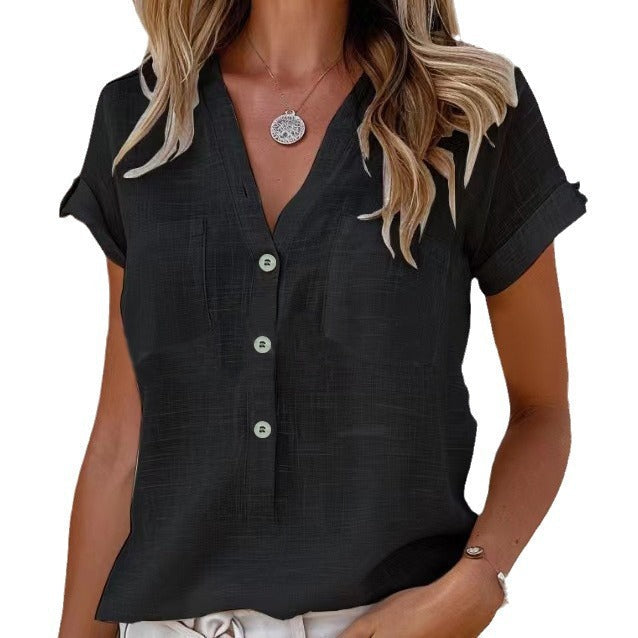 Women Short Sleeve Linen Blouse with Button Details Mune Fashion