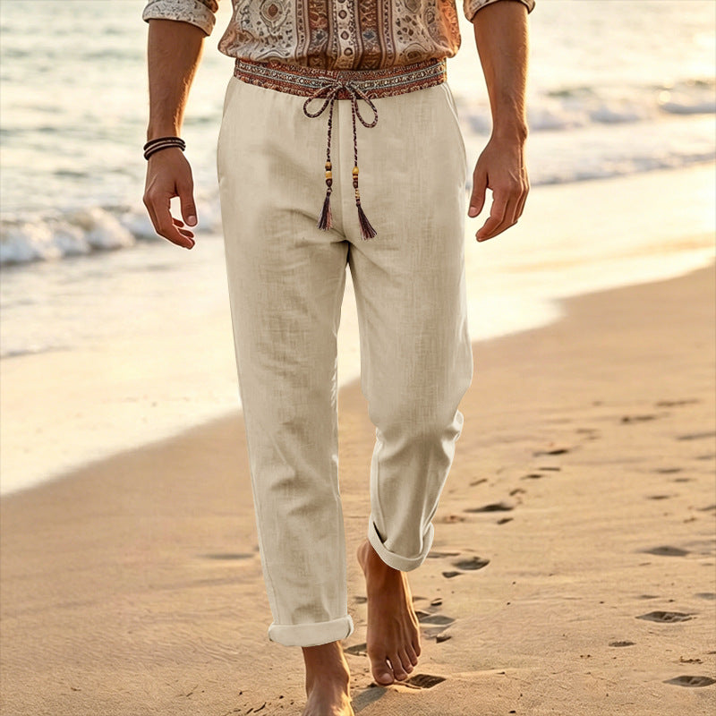 Men's nautical linen lounge pants with decorative ethnic waistband, elastic drawstring, and straight leg Mune Fashion