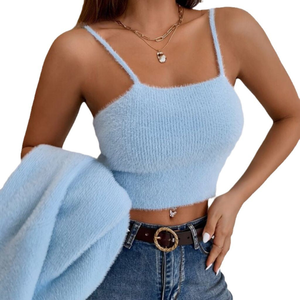 Women's Two-Piece Cropped Spaghetti Strap Top with Short Cardigan made of Soft Fine Knit Mune Fashion