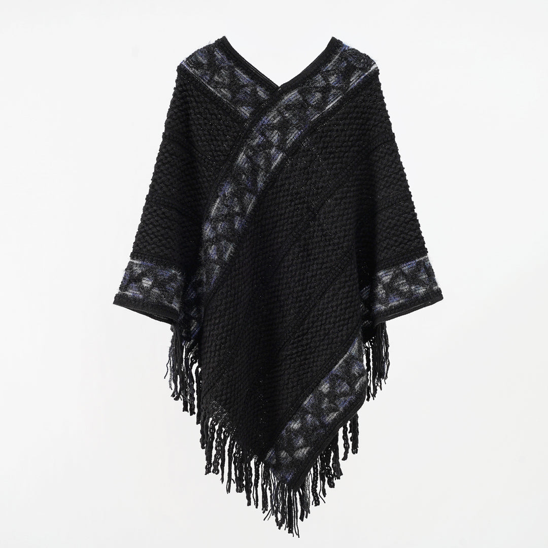 Women Oversized Knit Cape with Textured Waffle Knit Look and Cable Border Mune Fashion