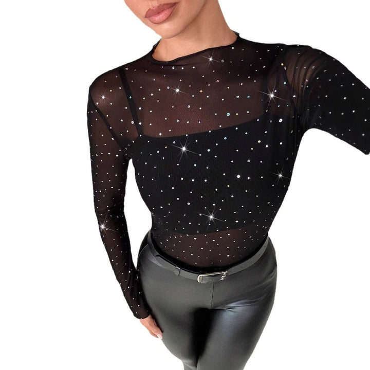 Women long sleeve transparent mesh shirt with rhinestone applications and integrated undershirt Mune Fashion