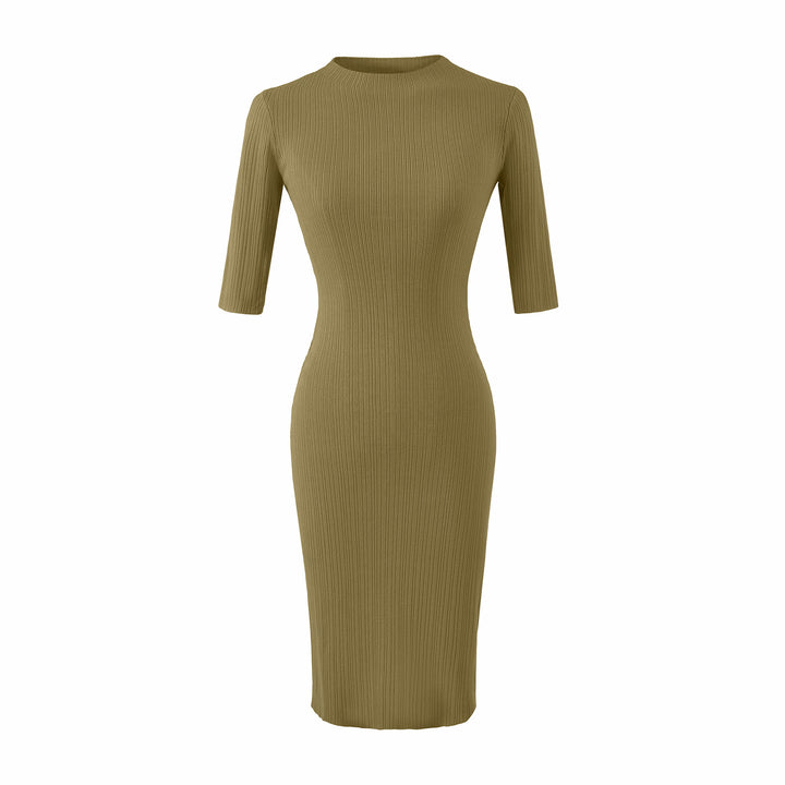 Women's fitted ribbed midi dress with half sleeves and stand-up collar Mune Fashion