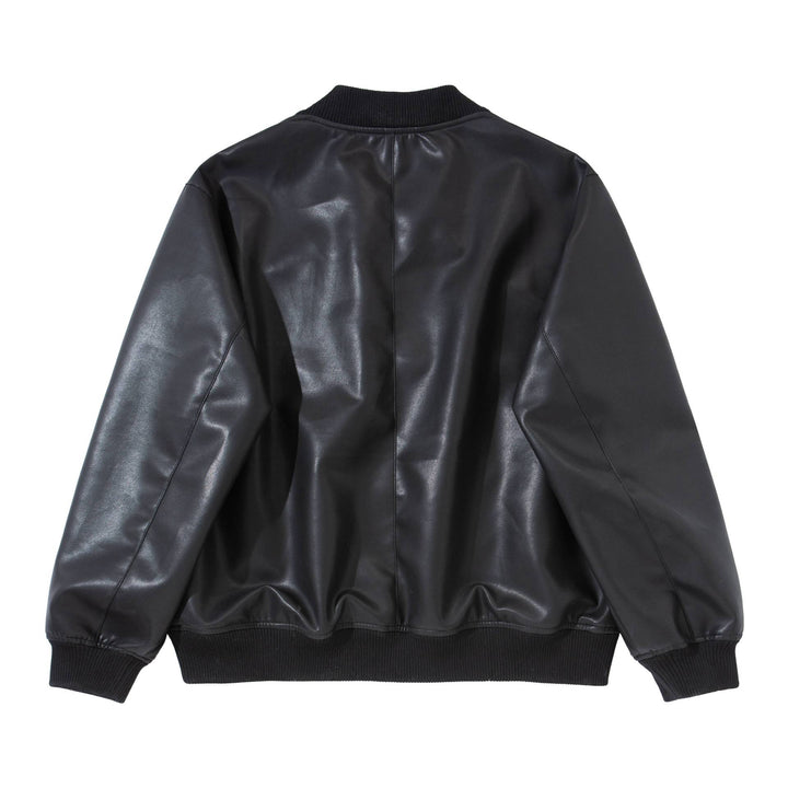 Men's smooth leather bomber jacket with concealed front and elastic ribbed cuffs