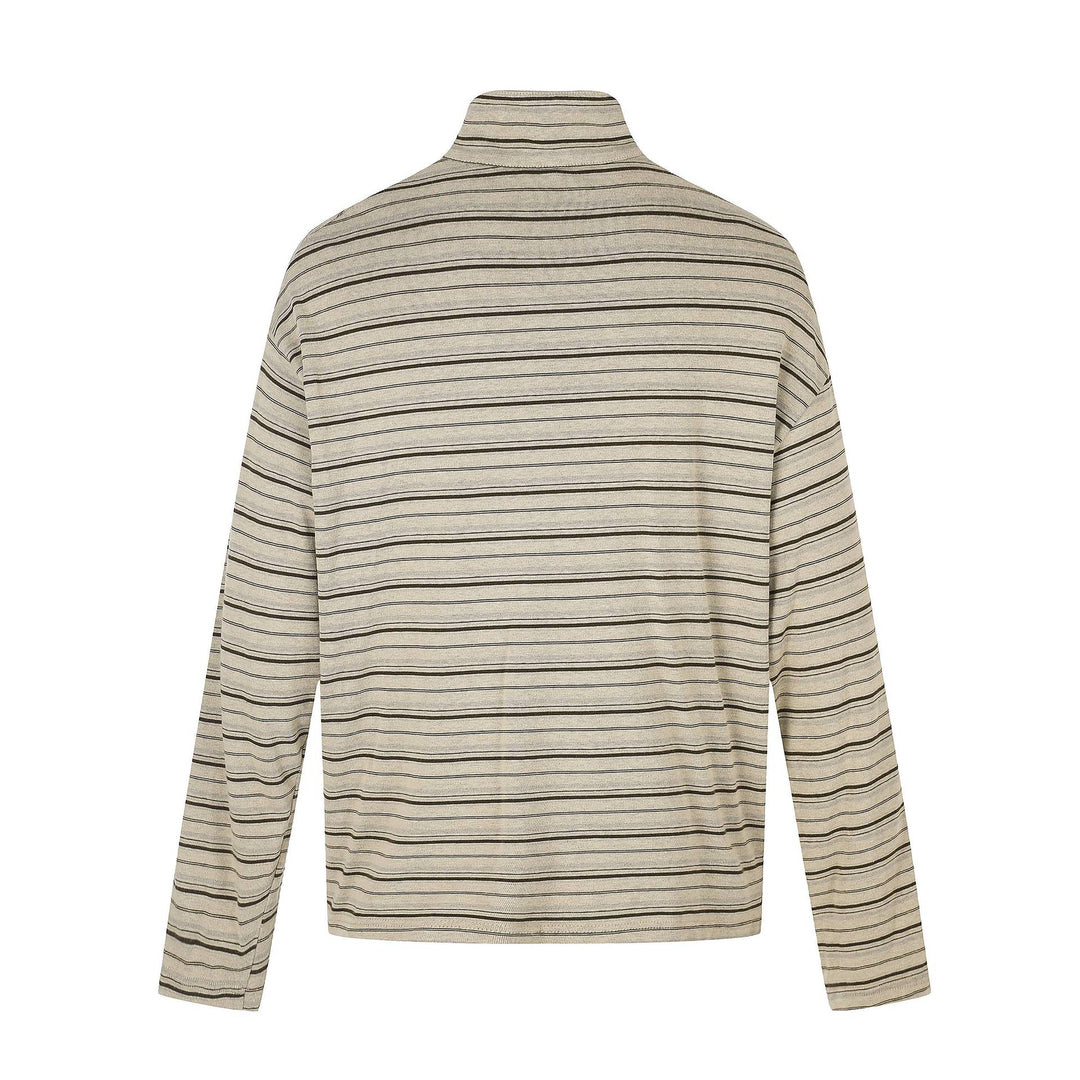 Men's fine striped henley with high stand-up collar, full button placket, and boxy cut Mune Fashion