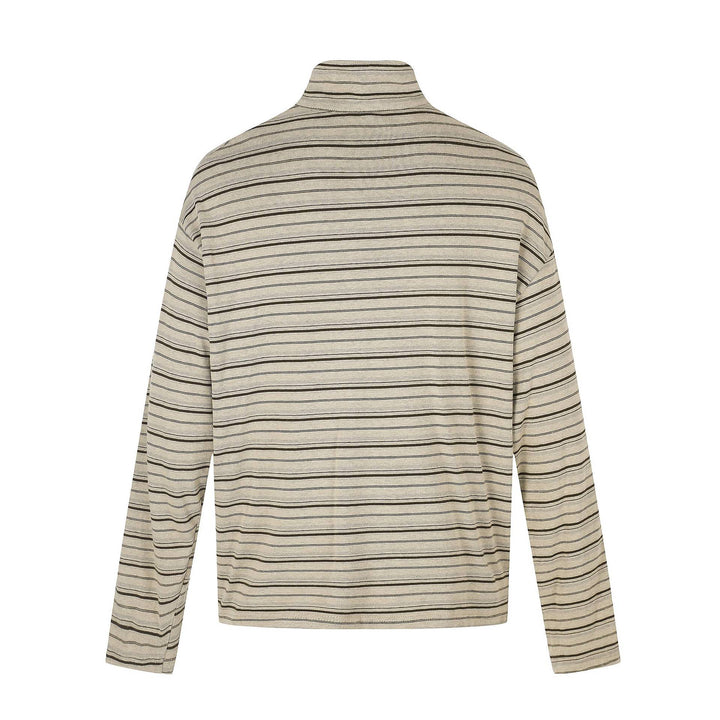 Men's fine striped henley with high stand-up collar, full button placket, and boxy cut Mune Fashion