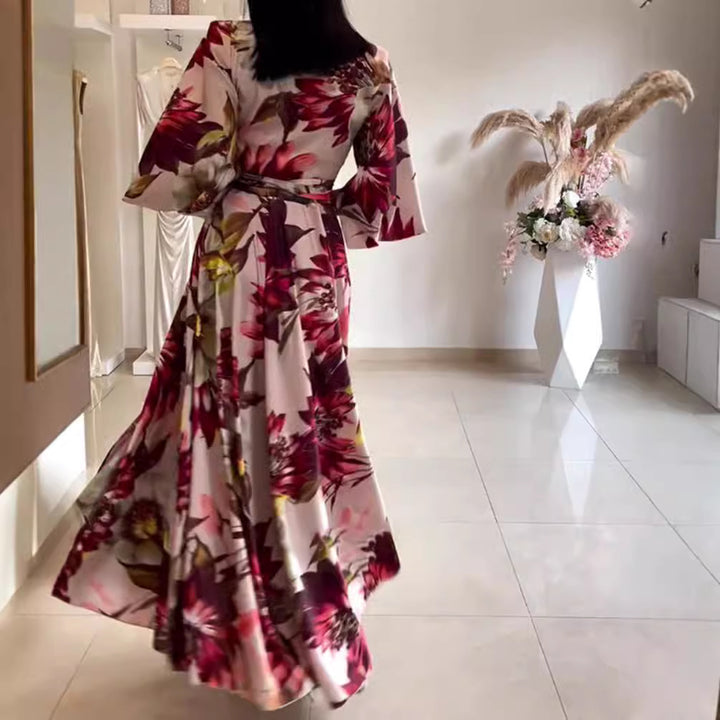 Ladies nan maxi dress with shawl collar, kimono sleeves and waist-defining tie belt Mune Fashion