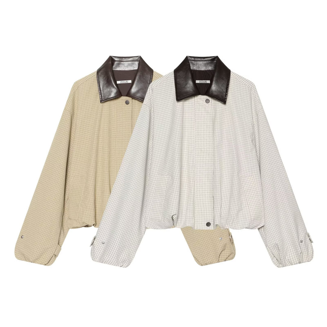 Women's Short-Cut Checked Blouson with Contrasting Leather Collar Drune