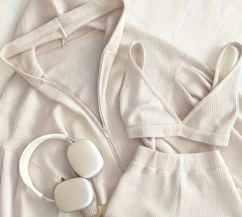 Women Ribbed Lounge Set with Zip Hoodie, Stretch Bralette and High-Waist Shorts Mune Fashion
