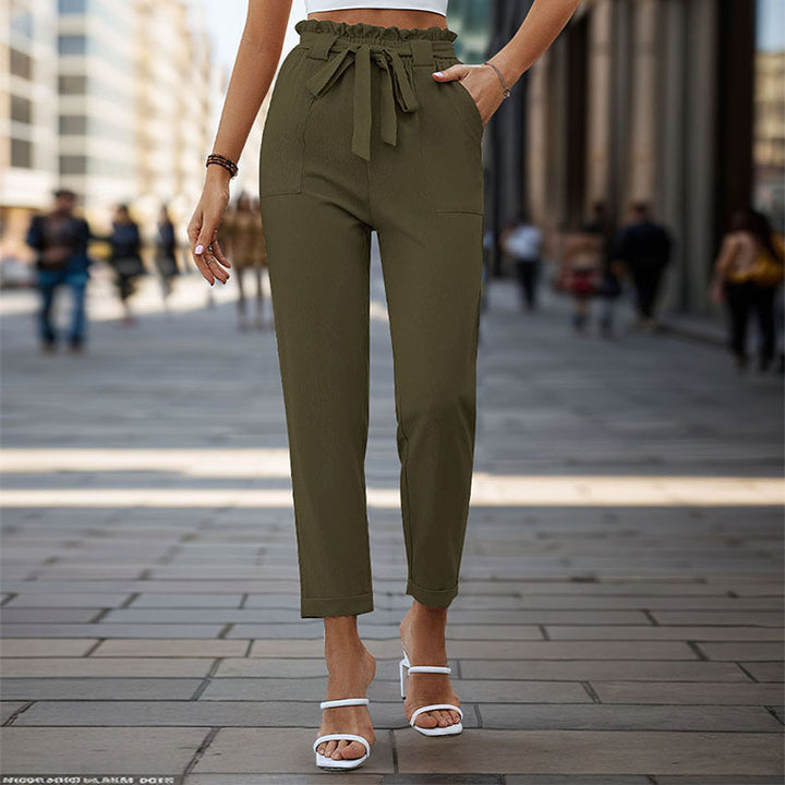 Women's Lightweight Paperbag Pants with Elastic Waistband, Tied Belt and Patch Pockets Mune Fashion