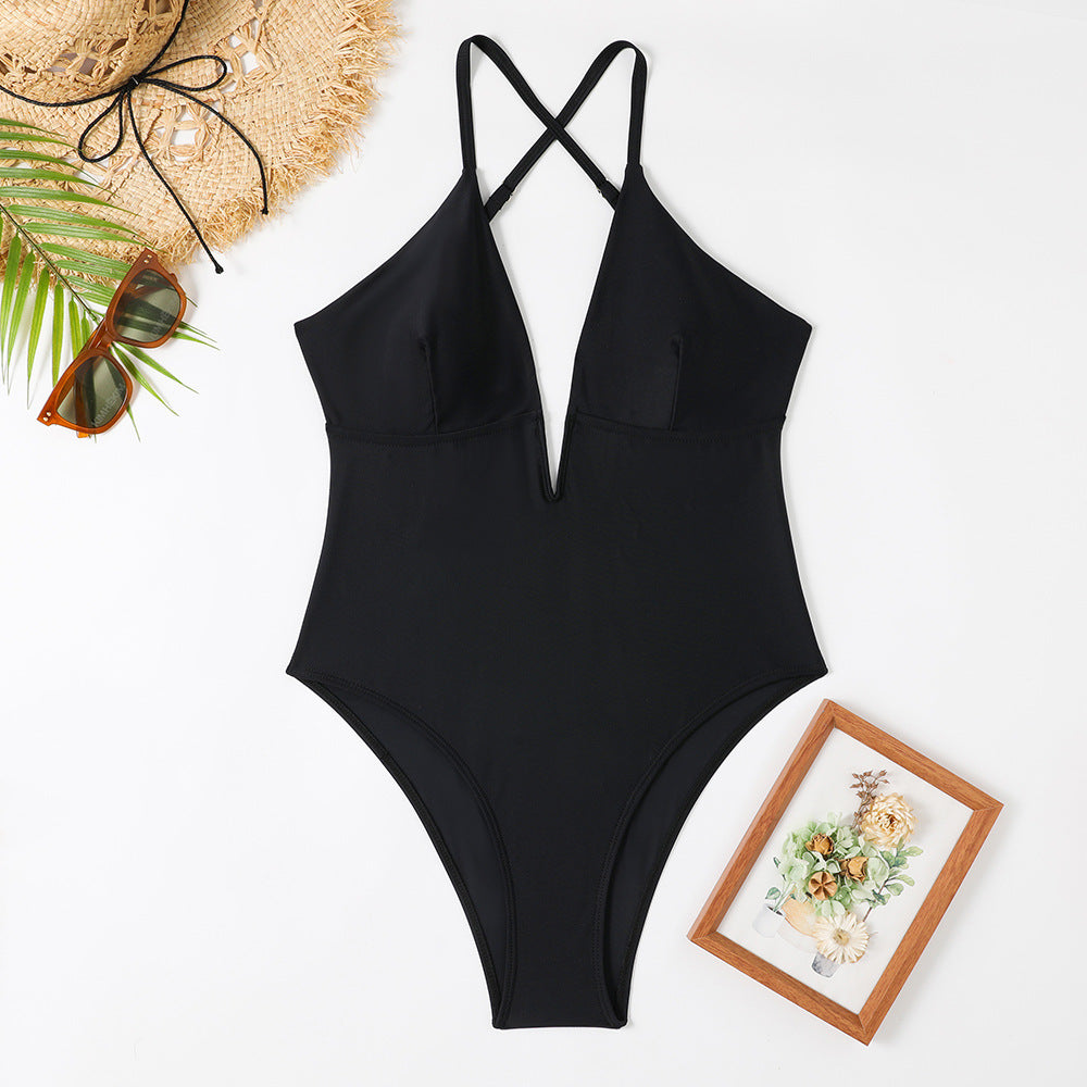 Women's one-piece swimsuit with deep V-neck and trendy feather design Mune Fashion