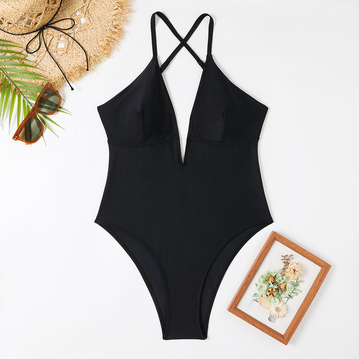Women's one-piece swimsuit with deep V-neck and trendy feather design Mune Fashion