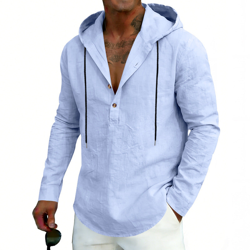 Men's Linen Henley Hooded Shirt with Short Button Placket, Hood, and Relaxed Fit Mune Fashion