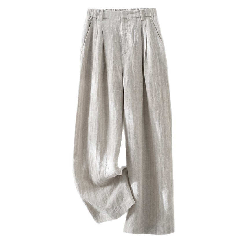 Women's Lightweight Linen Trousers with Wide Leg, Pleats and Elastic Back Mune Fashion
