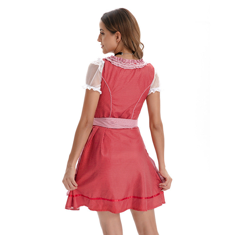 Women's short traditional dirndl dress with corset lacing lace details and tieable apron Mune Fashion