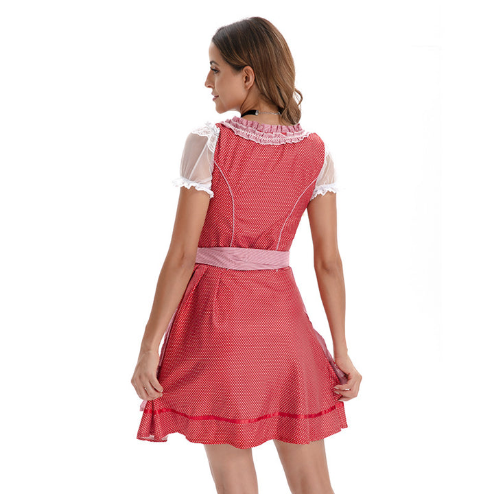 Women's short traditional dirndl dress with corset lacing lace details and tieable apron Mune Fashion
