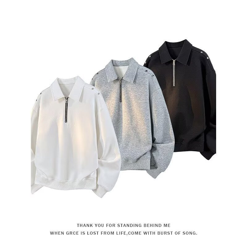 Men's Oversized Sweatshirt with Zip Collar and Snap Button Shoulder Detail Mune Fashion