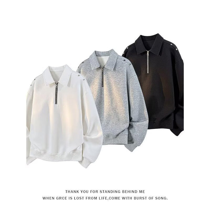 Men's Oversized Sweatshirt with Zip Collar and Snap Button Shoulder Detail Mune Fashion
