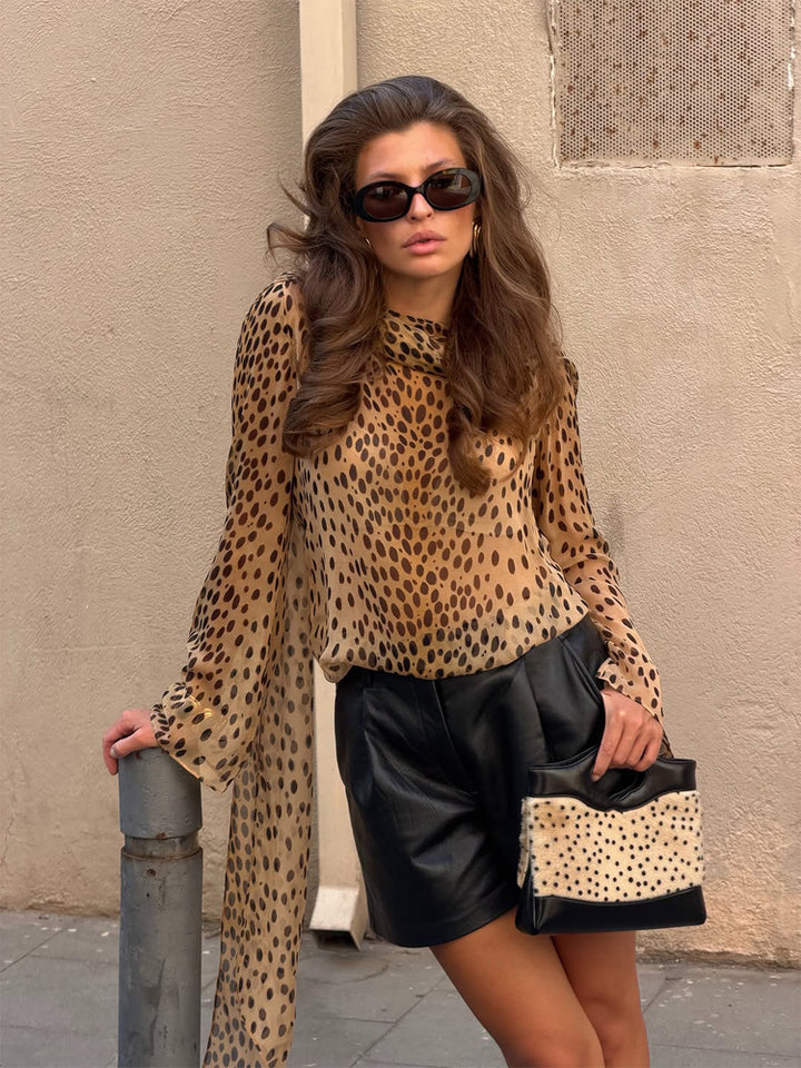 Women's Transparent Chiffon Blouse with Long Shawl Collar and Animal Print Mune Fashion
