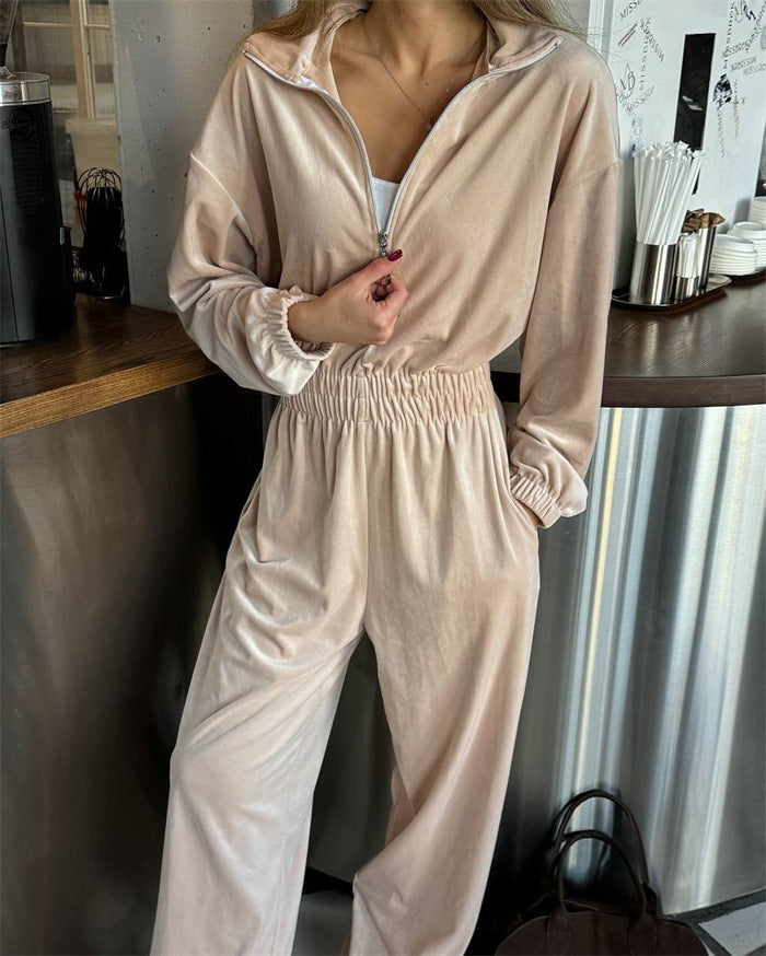 Women's velvet overall with zipper, elastic waistband and wide palazzo leg Mune Fashion