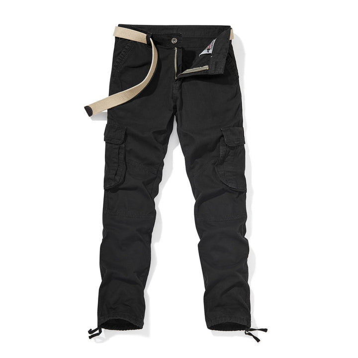 Men's cargo pants with reinforced knees, drawstring leg cuffs, and integrated belt.