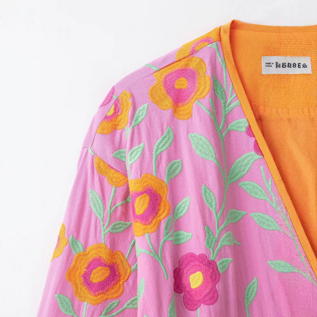 Women's Embroidered Short Kimono made of Cotton Blend with Tied Belt and V-Neck Drune