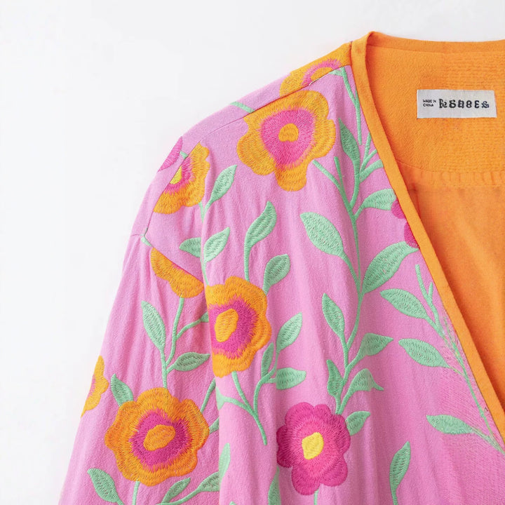 Women's Embroidered Short Kimono made of Cotton Blend with Tied Belt and V-Neck Drune