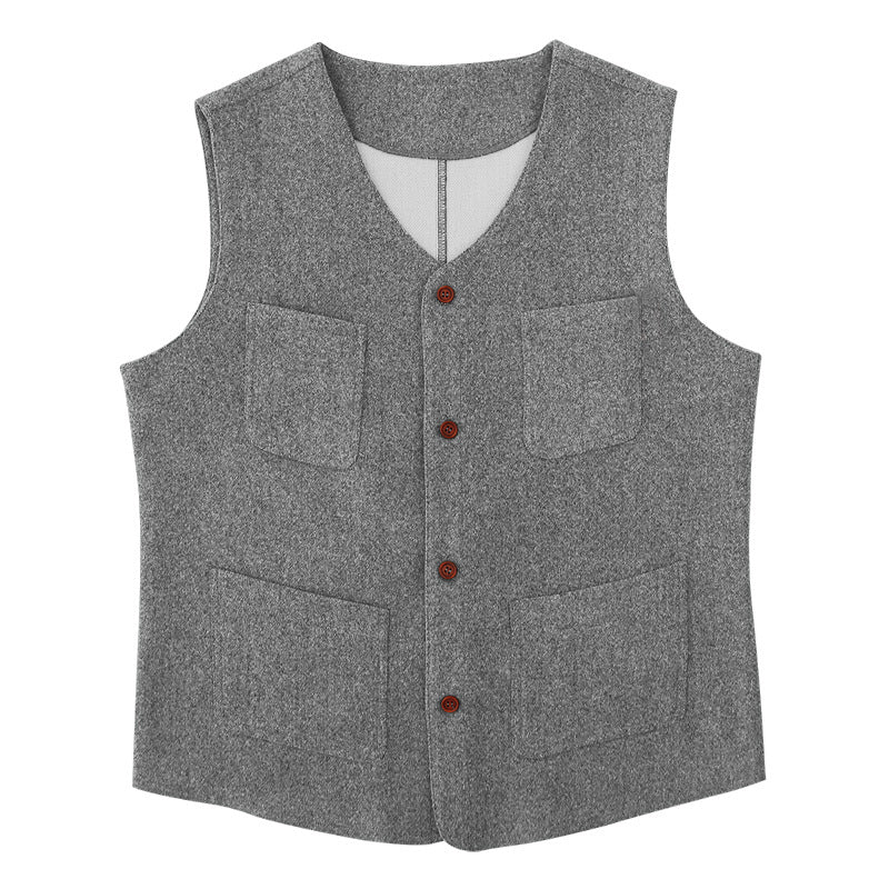 Men's wool blend vest with V-neck, patch pockets, and mesh lining Mune Fashion