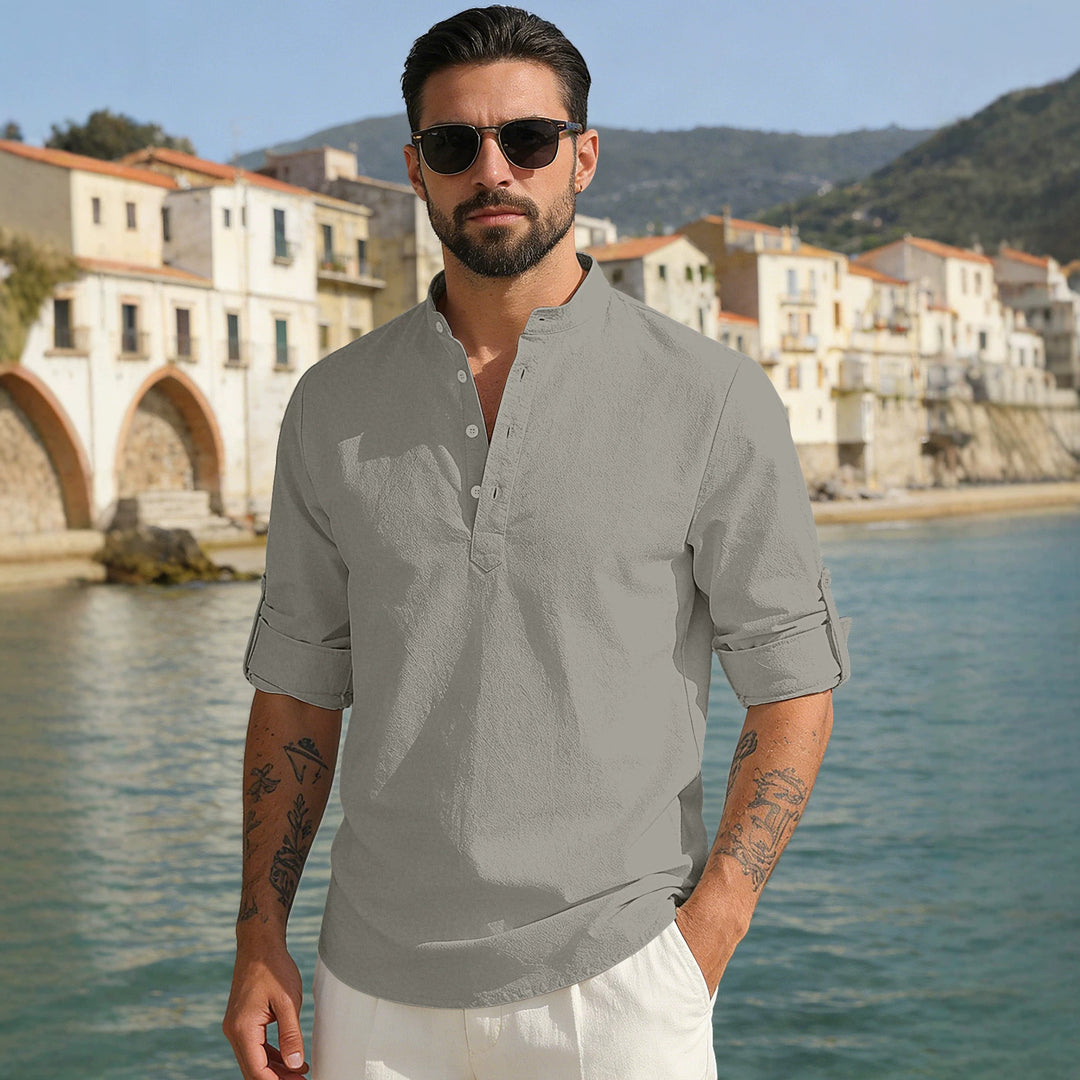 Men's lightweight half-button shirt made of linen blend with stand-up collar and roll-up sleeves Mune Fashion
