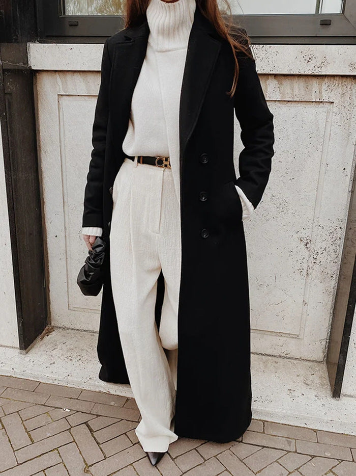 Women's long double-breasted wool coat with lapel collar and tailored silhouette Drune