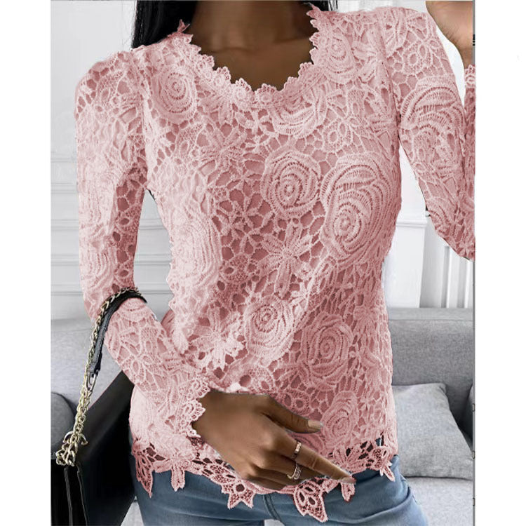 Women's lace top with V-neck, tailored silhouette and romantic wave hem Mune Fashion