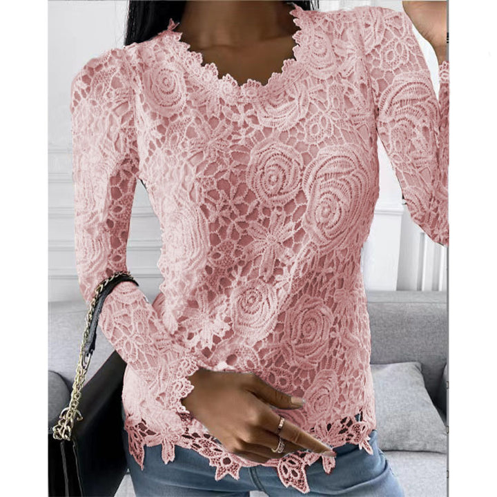 Women's lace top with V-neck, tailored silhouette and romantic wave hem Mune Fashion