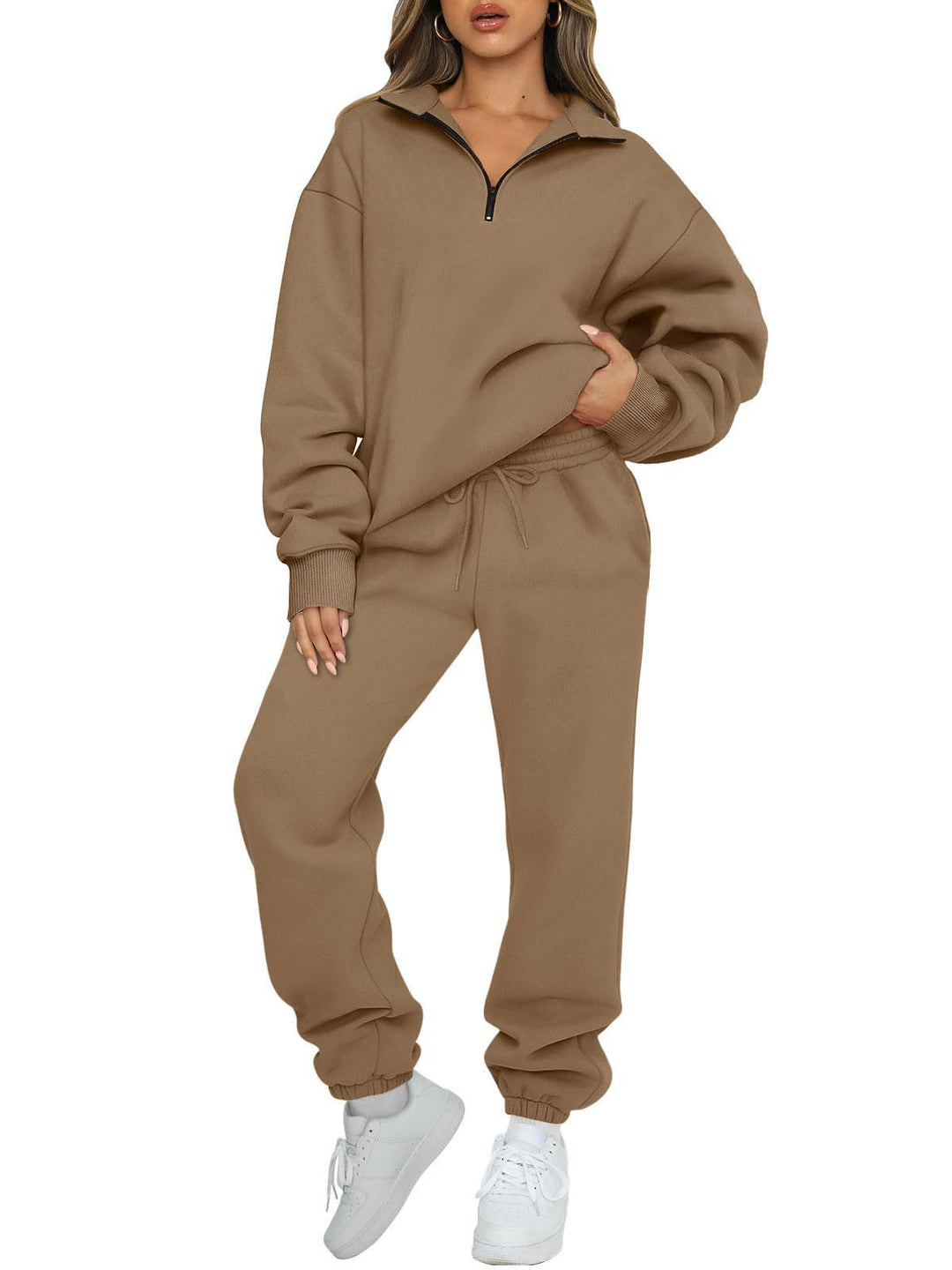 Women's half-zip loungewear set with oversized collar sweater and tapered joggers with elastic waistband Mune Fashion
