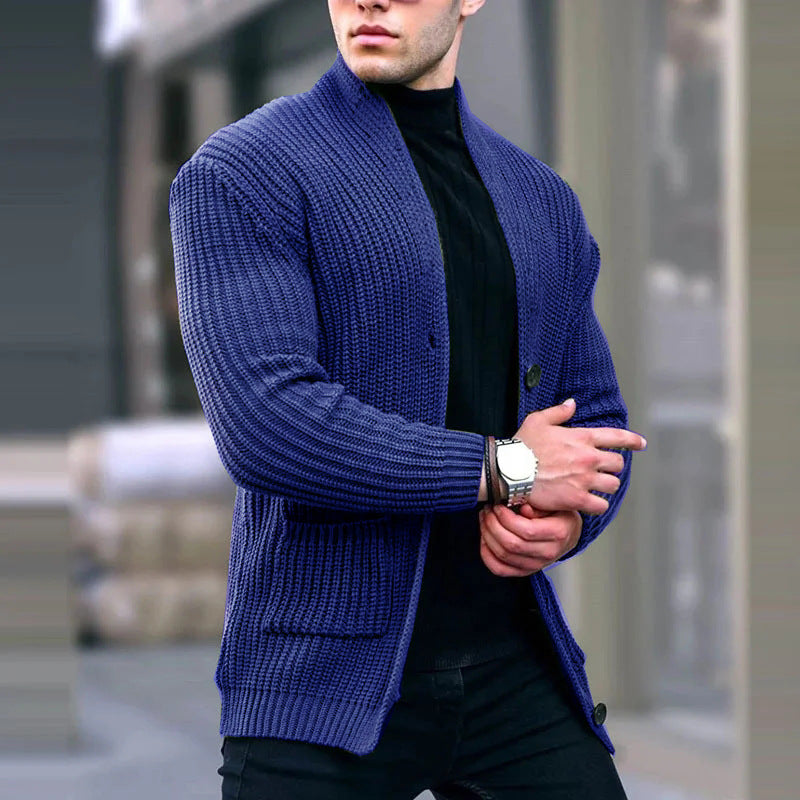Men's chunky knit cardigan with shawl collar and patch pockets Mune Fashion