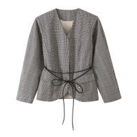 Women tailored glencheck blazer jacket with V-neck and tie waist Mune Fashion