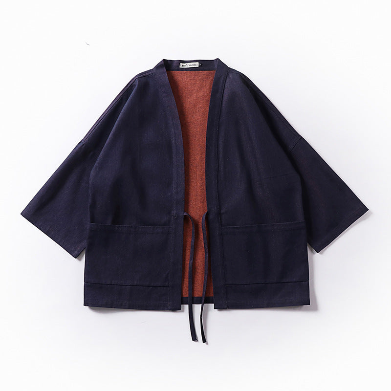Unisex loose-fitting kimono jacket made of cotton denim with tie and large patch pockets Mune Fashion