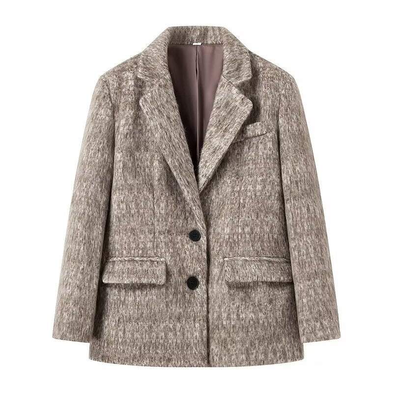 Women's Boxy Wool Blend Blazer Coat with Boucle Structure, Notched Lapel and Flap Pockets Mune Fashion