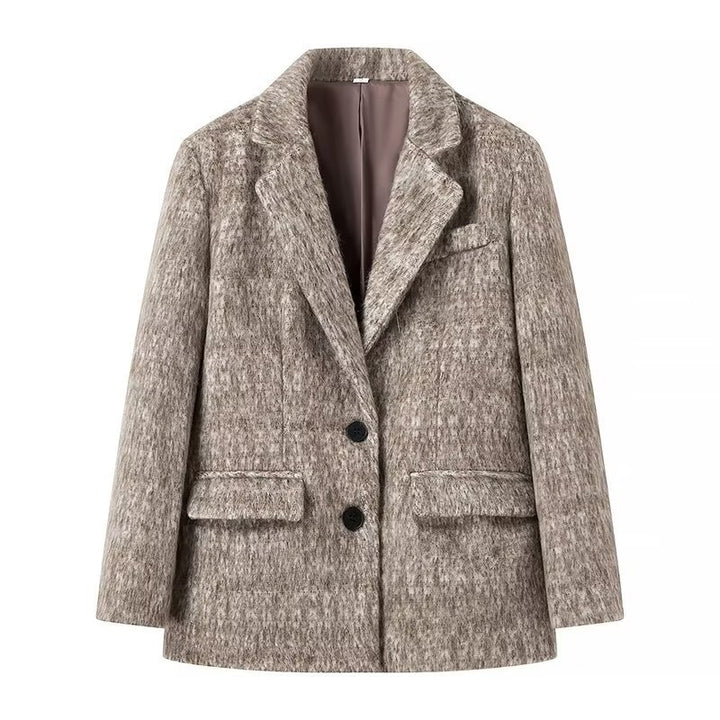 Women's Boxy Wool Blend Blazer Coat with Boucle Structure, Notched Lapel and Flap Pockets Mune Fashion