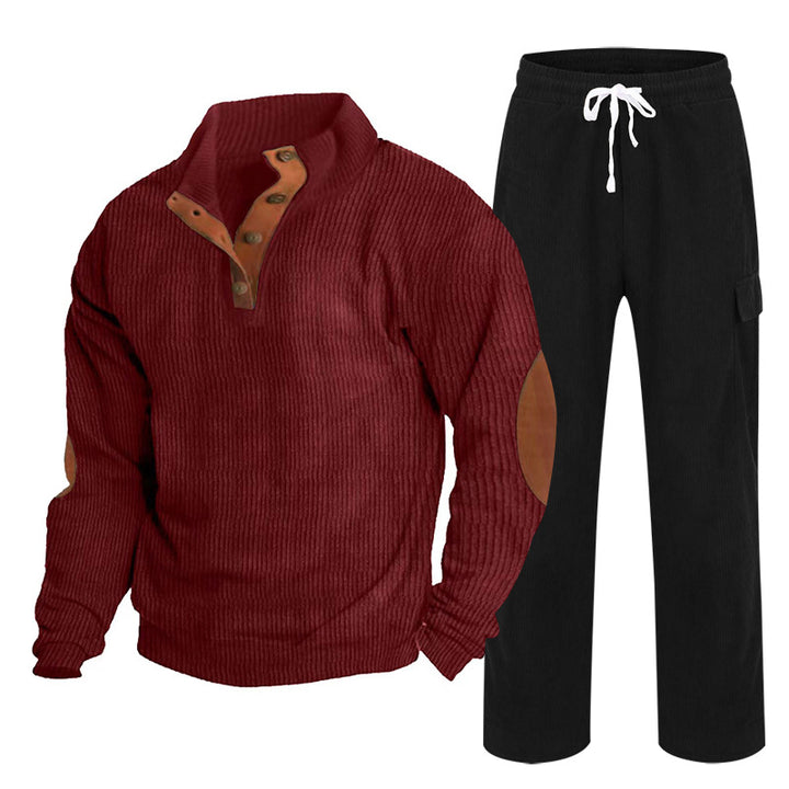 Men's Cozy Leisure Set made of Waffle Knit Henley with Elbow Patch and Relax Cargo Pants Mune Fashion
