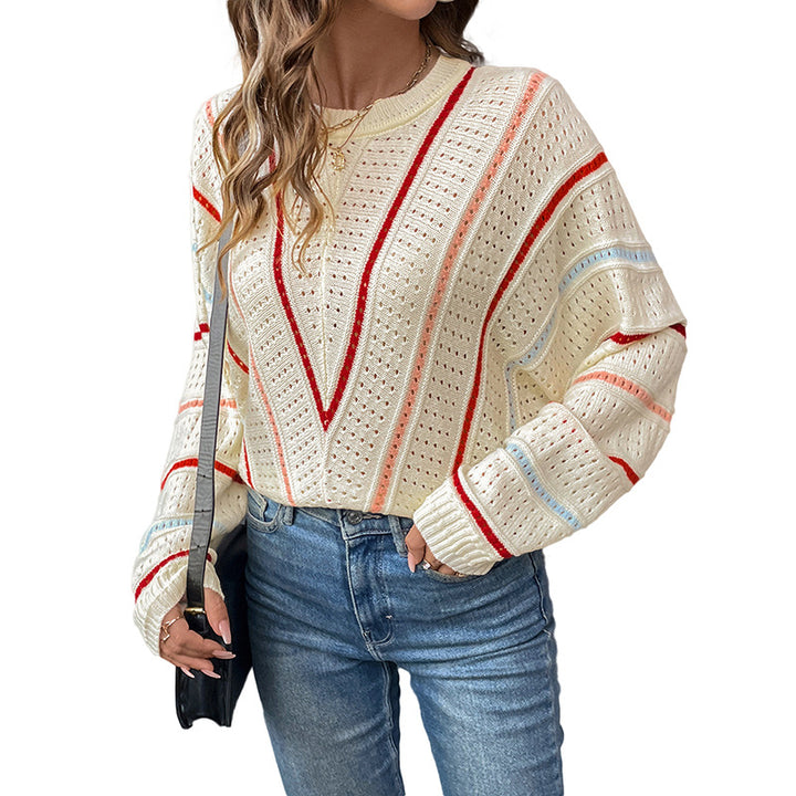 Women's Oversized Openwork Knit Sweater with V-Stripes Design Mune Fashion