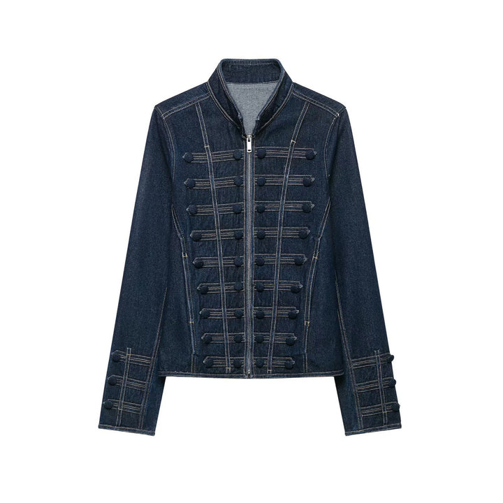 Women Tailored Denim Jacket with Military Galon Details and Stand Collar Mune Fashion