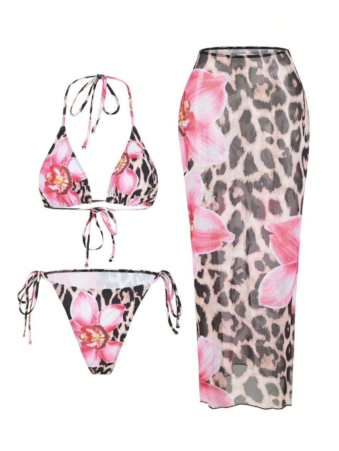 Women's triangle bikini set with floral patterns and transparent maxi skirt Mune Fashion