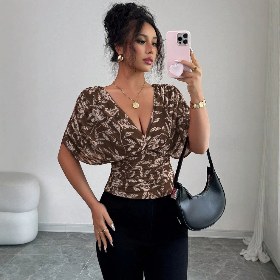 Women’s Fitted Wrap Blouse with Deep V-Neck, Ruffled Waist, and Kimono Sleeves Mune Fashion