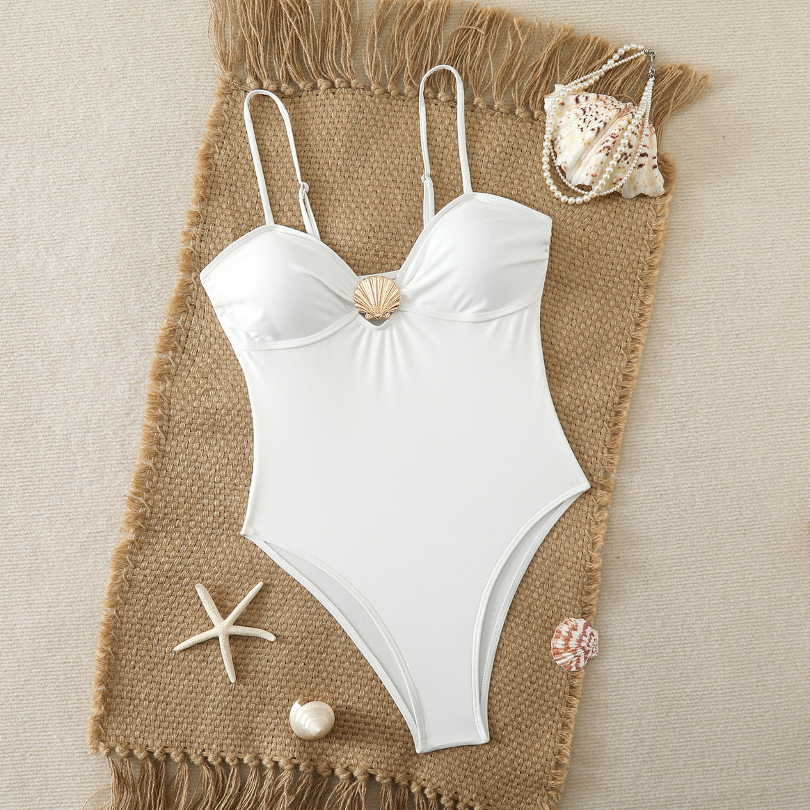 Women's One-Piece Swimsuit with Elegant Shell Detail and Adjustable Straps Mune Fashion