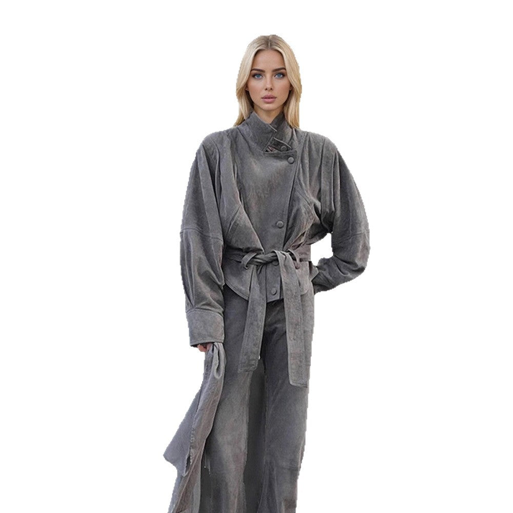 Women's short jacket made of faux suede with a high stand-up collar, waist belt, and boxy oversized silhouette Mune Fashion