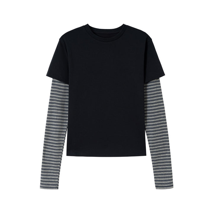 Unisex Layering-Long Sleeve Shirt with Striped Insert Sleeves and Short Sleeve Overlay Mune Fashion