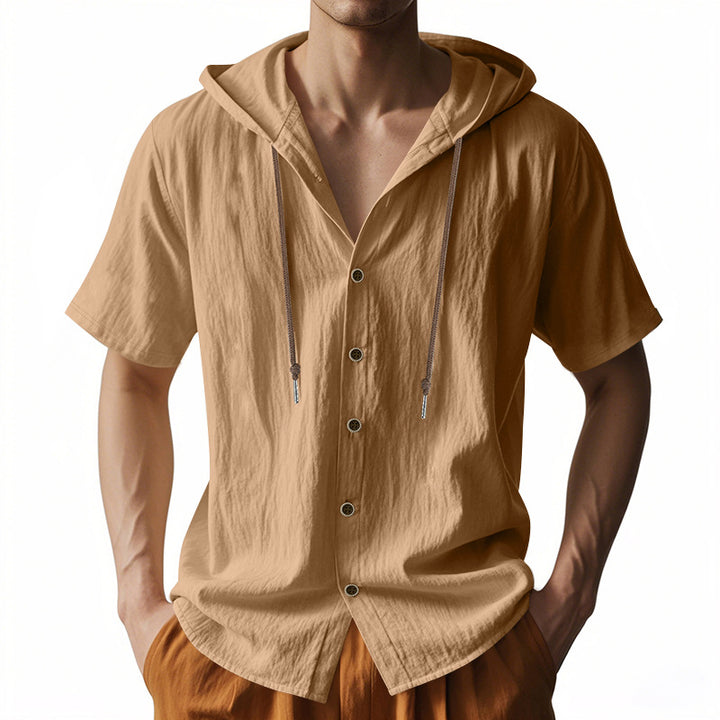 Men's lightweight short-sleeve hooded shirt with button placket and breathable cotton blend Mune Fashion