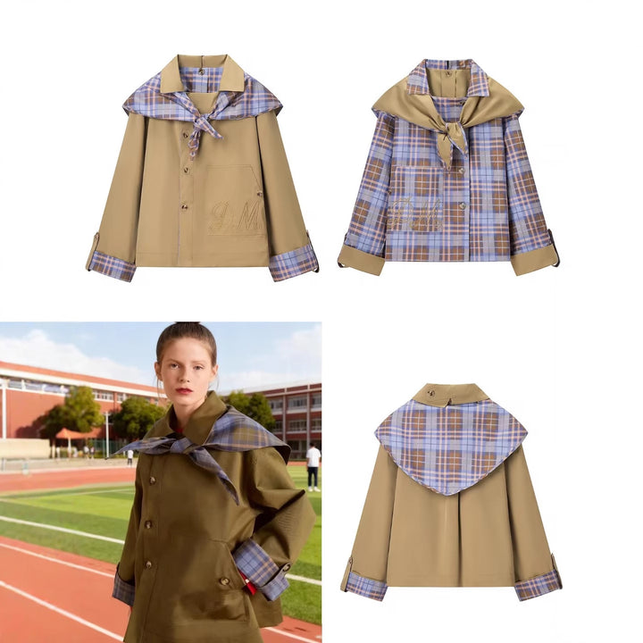 Women's short jacket in trench-cape mix with checked shawl collar bow Mune Fashion
