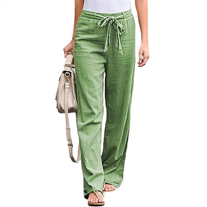 Women's Casual Linen Blend Wide Leg Pants with Drawstring Mune Fashion
