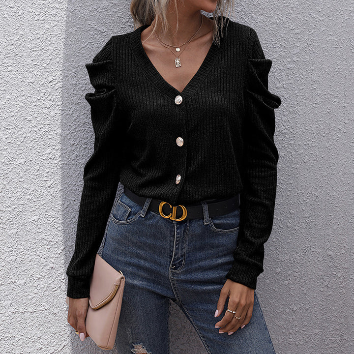 Ladies fine knit cardigan with V-neck, ribbed structure and gathered shoulder sections Mune Fashion